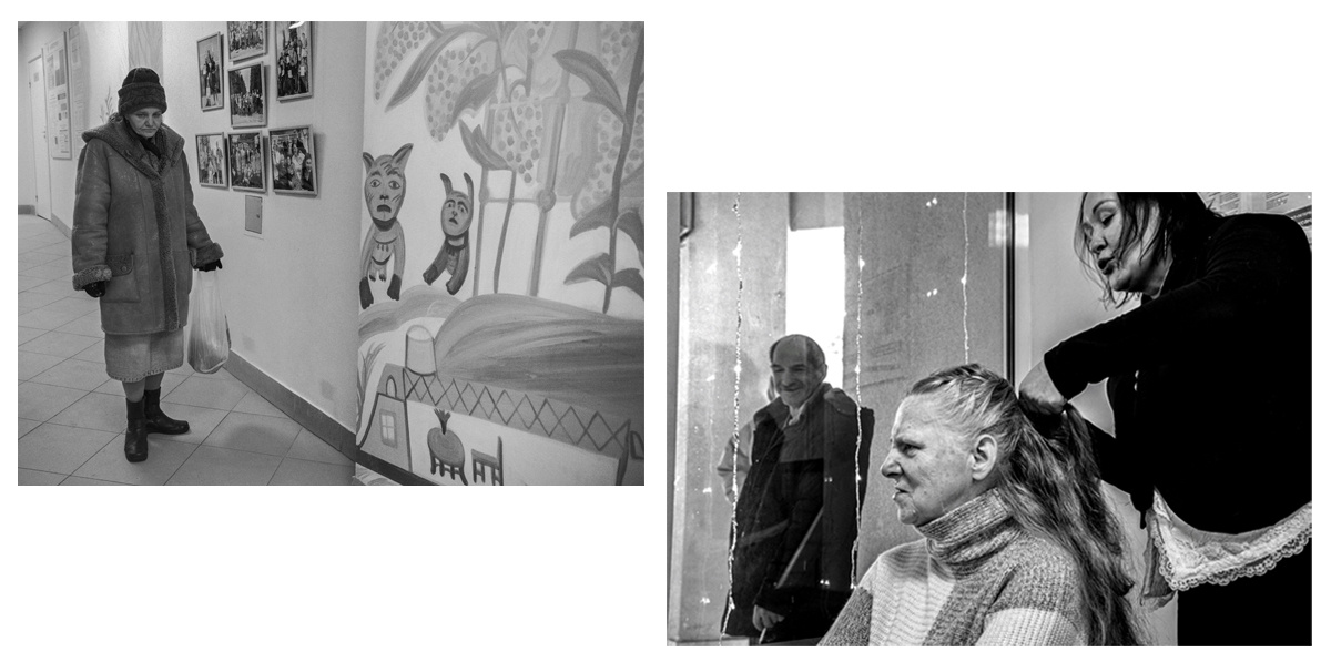 Слева: постоялица ПНИ гуляет по коридору учреждения. Справа: Ольга Черкасова помогает собраться Валентине перед поездкой в студию «Да». Валентина в социальном доме одна из новеньких и совсем не похожа на других его обитателей. По профессии чертежник-конструктор, много лет работала в одном из оборонных НИИ. От вопроса, как так получилось, что она оказалась в интернате, мрачнеет и отвечает, что не помнит и не хочет вспоминать. В «Покровском» ей нравится
Фото: Данила Поваров для ТД