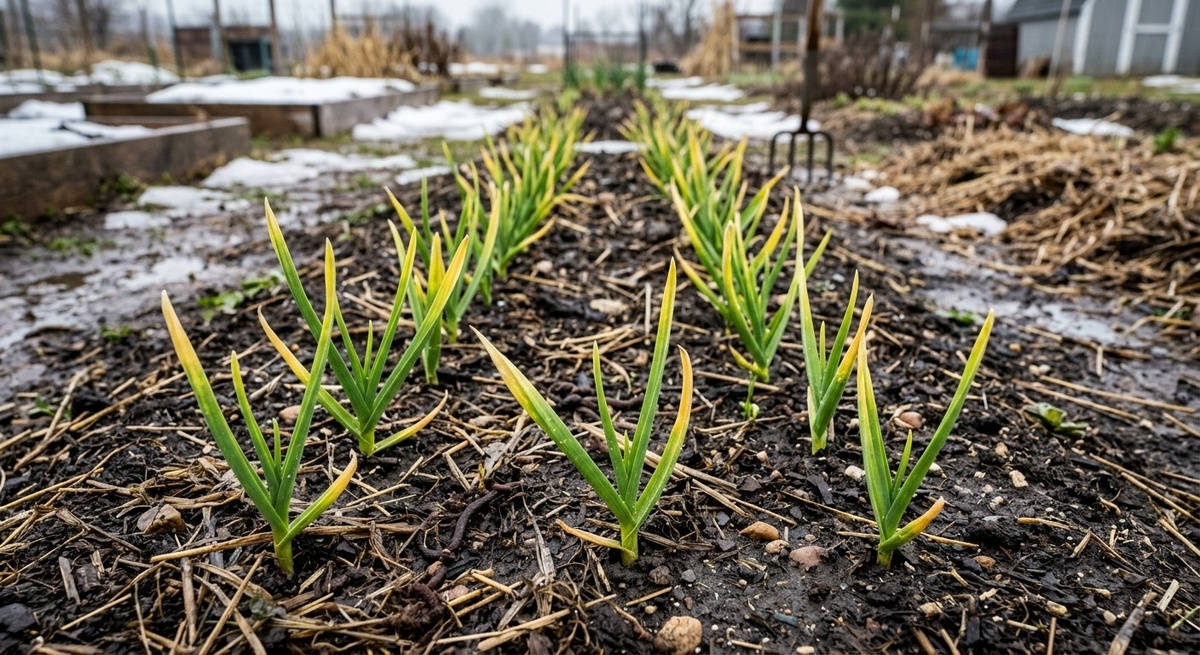 Озимый чеснок на грядке с пожелтевшими листьями в апреле.