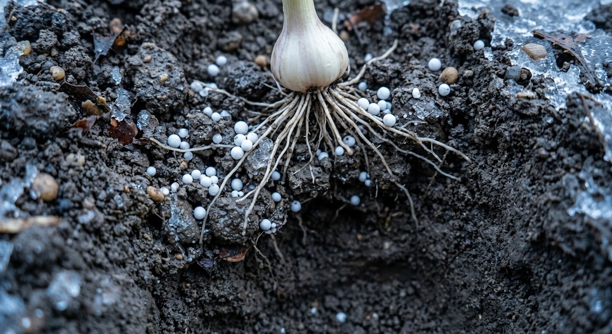 Сравнение: холодная почва с неусвоенным удобрением мочевины вокруг корней чеснока.