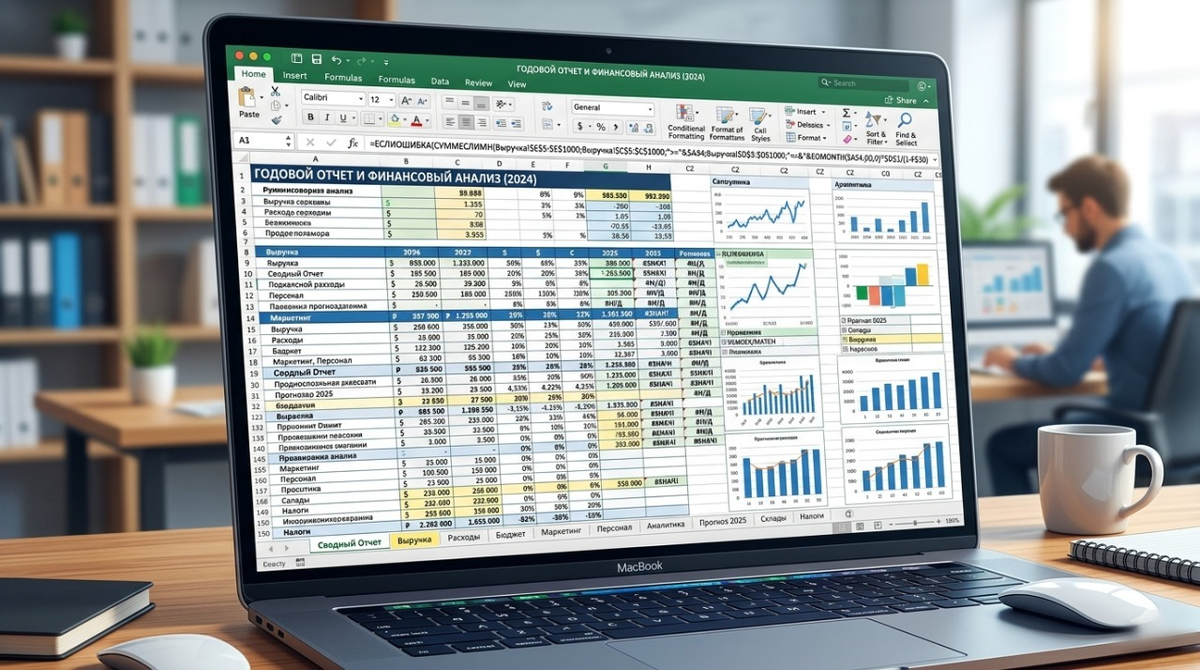 Большая сложная Excel-таблица с множеством вкладок и формул.