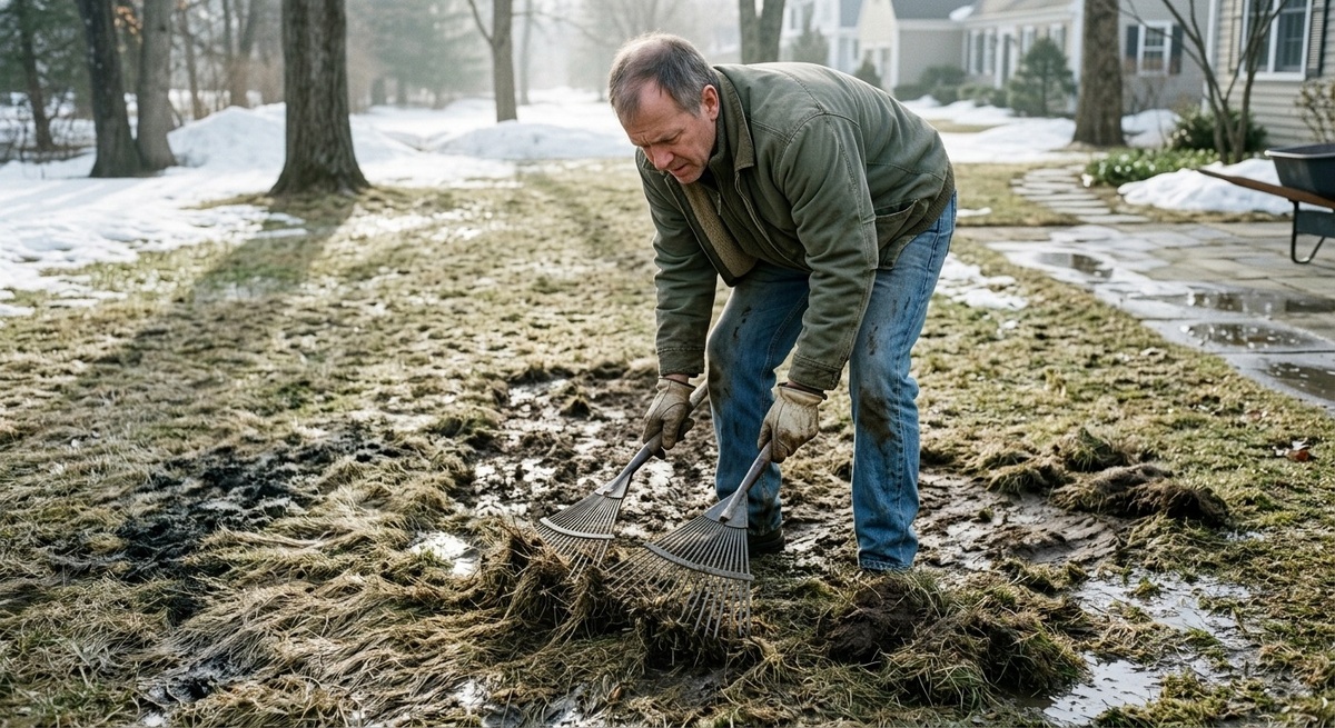 Человек с граблями портит мокрый газон с плесенью