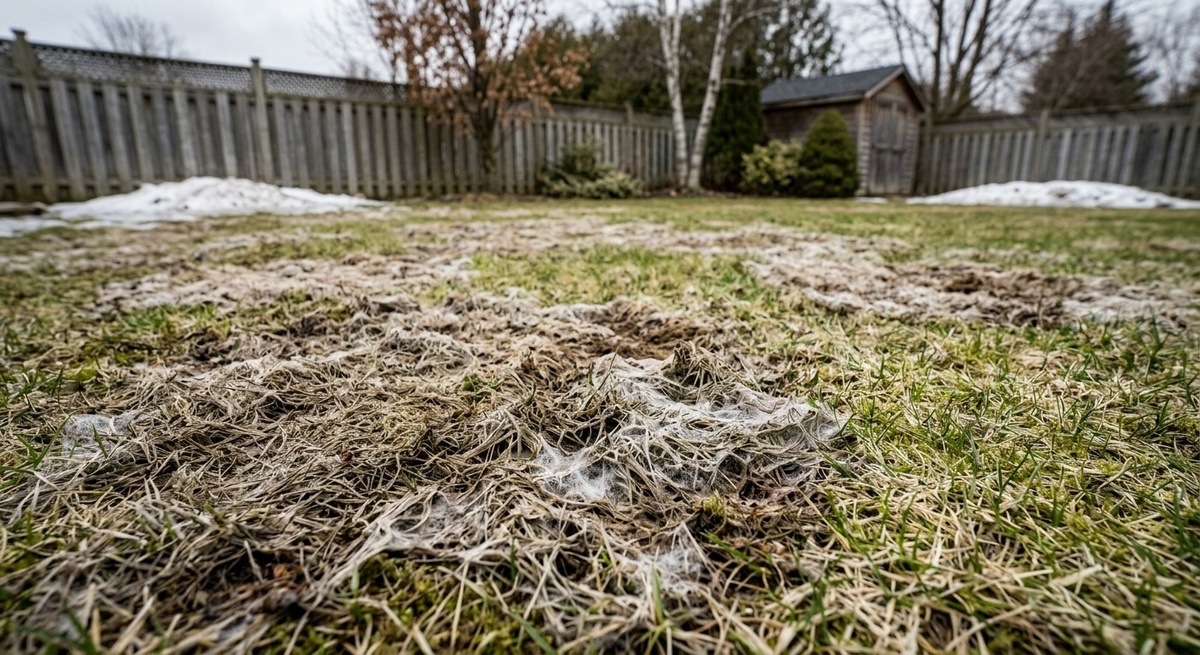 Газон с черными пятнами от снежной плесени весной