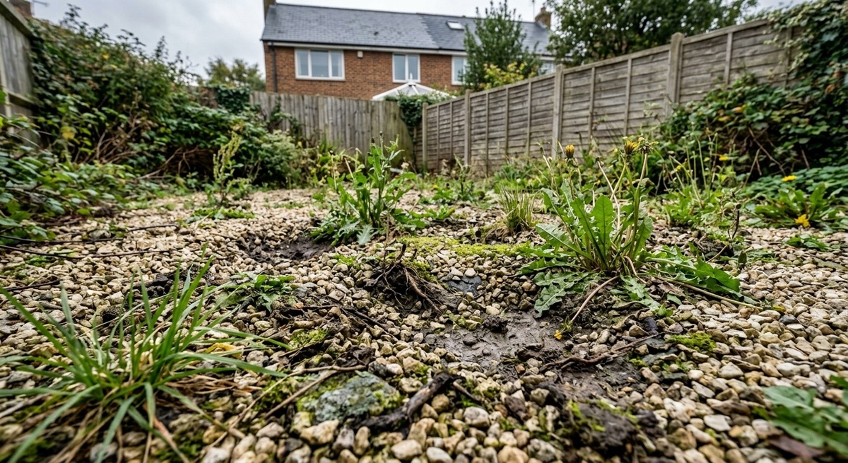 Неудачный гравийный сад с сорняками, проросшими сквозь гравий, и грязной поверхностью