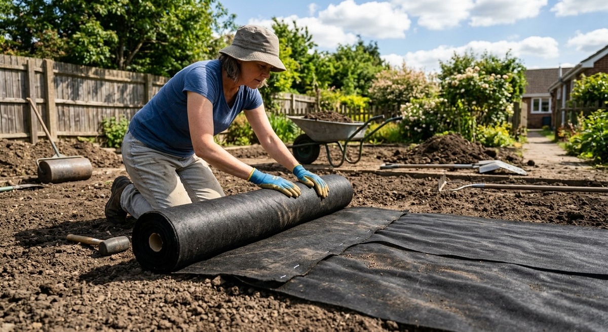 Укладка плотного геотекстиля как барьера от сорняков в гравийном саду