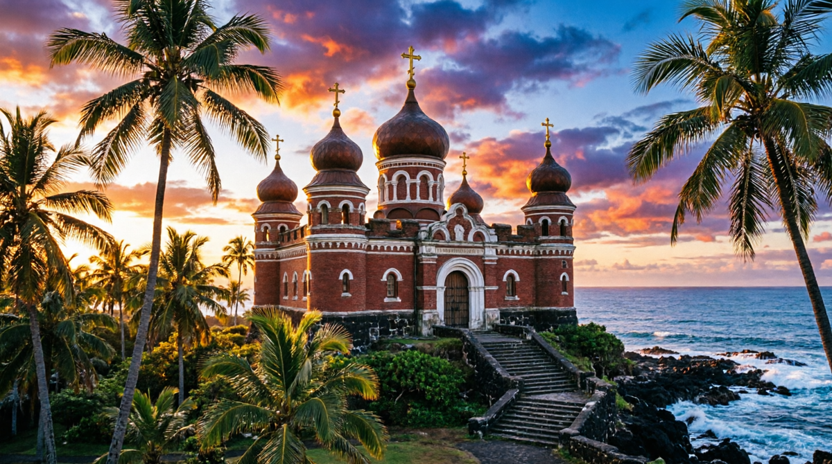 Представьте: тропический остров, пальмы, тёплый океанский бриз... и вдруг — русская православная крепость с куполами и крестами. Звучит как сюжет фантастического фильма? Но это чистая правда!