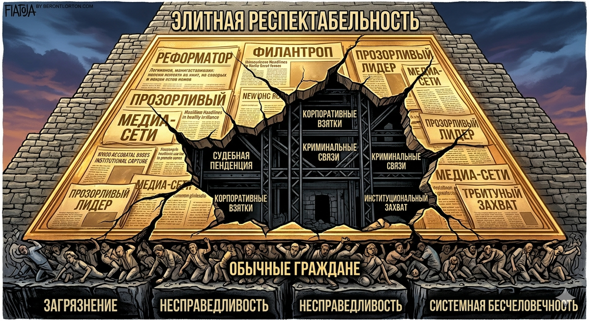 Изображение 1: Полая пирамида (The Hollow Pyramida)
Эта иллюстрация дает первое полное представление о концепции "Полой пирамиды". Мы видим массивную, древнюю на вид ступенчатую пирамиду, сложенную из грубых серых камней, на вершине которой жирными буквами написано: "ЭЛИТАРНАЯ РЕСПЕКТАБЕЛЬНОСТЬ".
Ключом к этой визуализации является крошащаяся Золотая раковина (Румяная оболочка). Этот внешний фасад украшен лестными заголовками, такими как "РЕФОРМАТОР", "ИЛАНТРОП" (ФИЛАНТРОП-БЛАГОТВОРИТЕЛЬ) и "ПРОНИЦАТЕЛЬНЫЙ ЛИДЕР" (ЛИДЕР-ПРОВИДЕЦ). Большие трещины активно раскалывали эту оболочку, обнажая черный скелетный внутренний каркас. Сквозь эти трещины видны внутренние опоры: "СУДЕБНАЯ НЕОПРЕДЕЛЕННОСТЬ", "КОРПОРАТИВНЫЕ ВЗЯТКИ", "КРИМИНАЛЬНЫЕ СВЯЗИ" и "ИНСТИТУЦИОНАЛЬНЫЙ ЗАХВАТ". Это и есть логическая структура. Наконец, мы видим основу: "ОБЫЧНЫХ ГРАЖДАН" активно загоняют в глубокую, темную яму, обозначенную как "ЗАГРЯЗНЕНИЕ окружающей среды", "НЕСПРАВЕДЛИВОСТЬ" и "СИСТЕМНАЯ БЕСЧЕЛОВЕЧНОСТЬ".