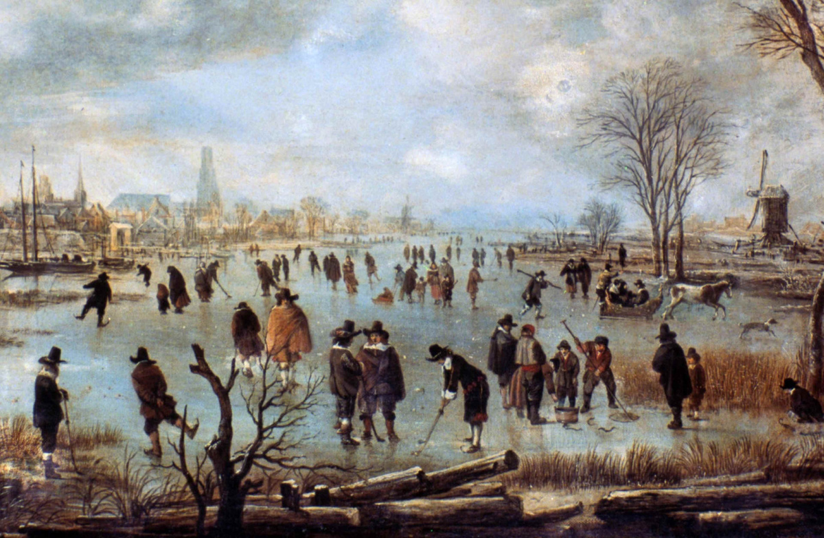 Зимняя сцена на реке: конькобежцы, запряженные лошадьми сани и люди, играющие в разновидность хоккея на льду, ок. 1660 г.