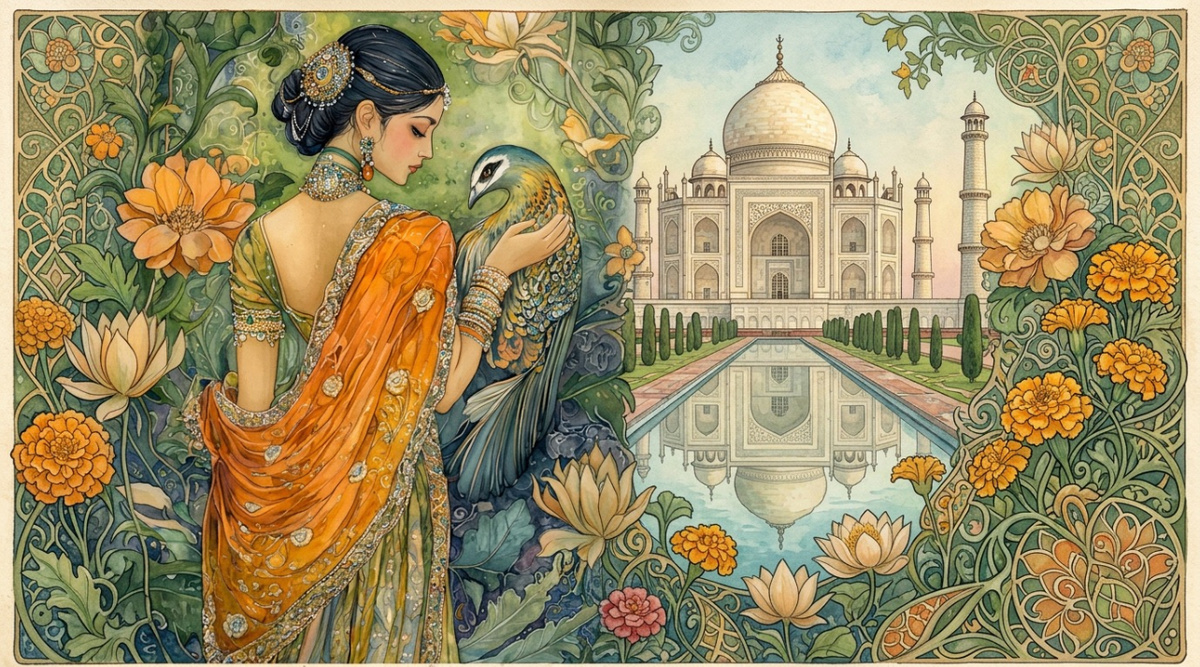 Девушка на фоне Тадж-Махал. Обложка для сказки :)