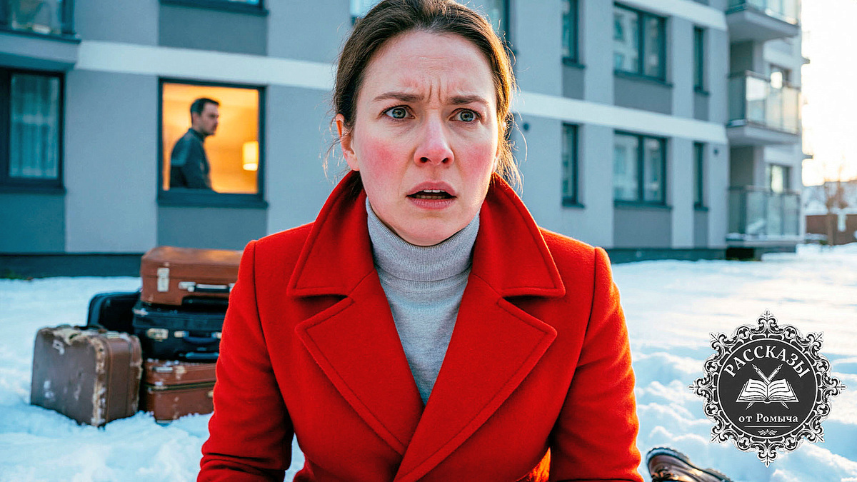 Женщина в ярко-красном пальто, стоит на снегу рядом с горой чемоданов. В окне многоэтажки на заднем плане виден силуэт мужчины. Лицо женщины выражает шок и осознание краха.