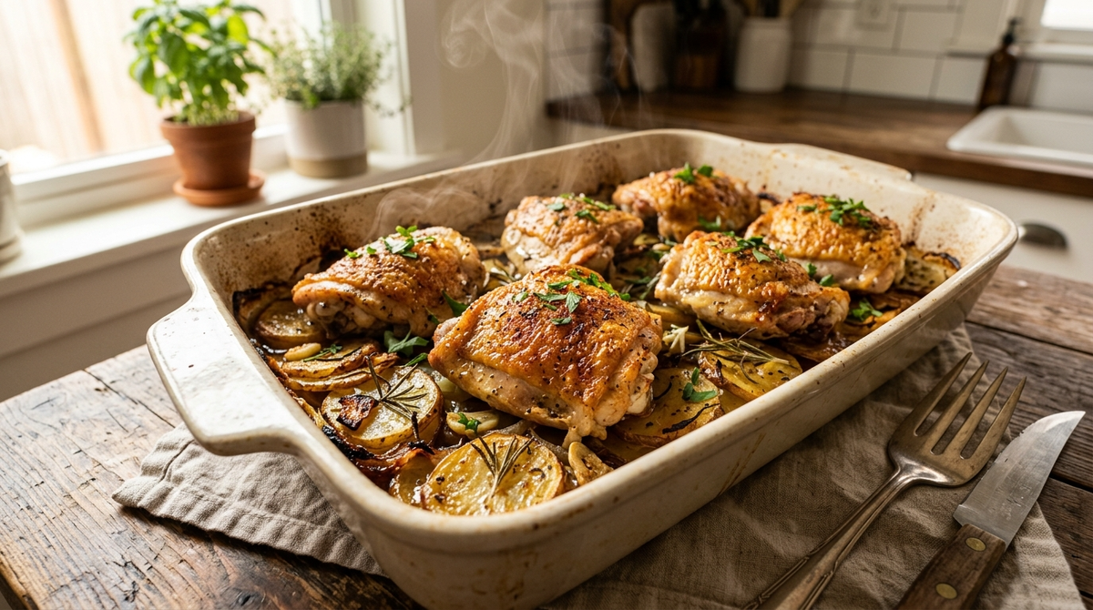 Запечённая картошка с курицей в одной форме без единой сковороды