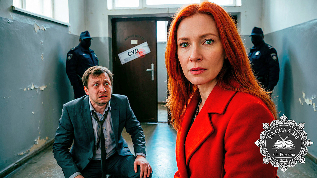 Женщина с ярко-рыжими волосами и зелеными глазами, одета в ярко-красное пальто, стоит в подъезде. Перед ней на коленях у стены сидит мужчина в дорогом, но помятом костюме, его лицо искажено страхом и осознанием краха. На заднем плане видны опечатанная дверь и тени полицейских. Фокус на торжествующем и холодном взгляде женщины.