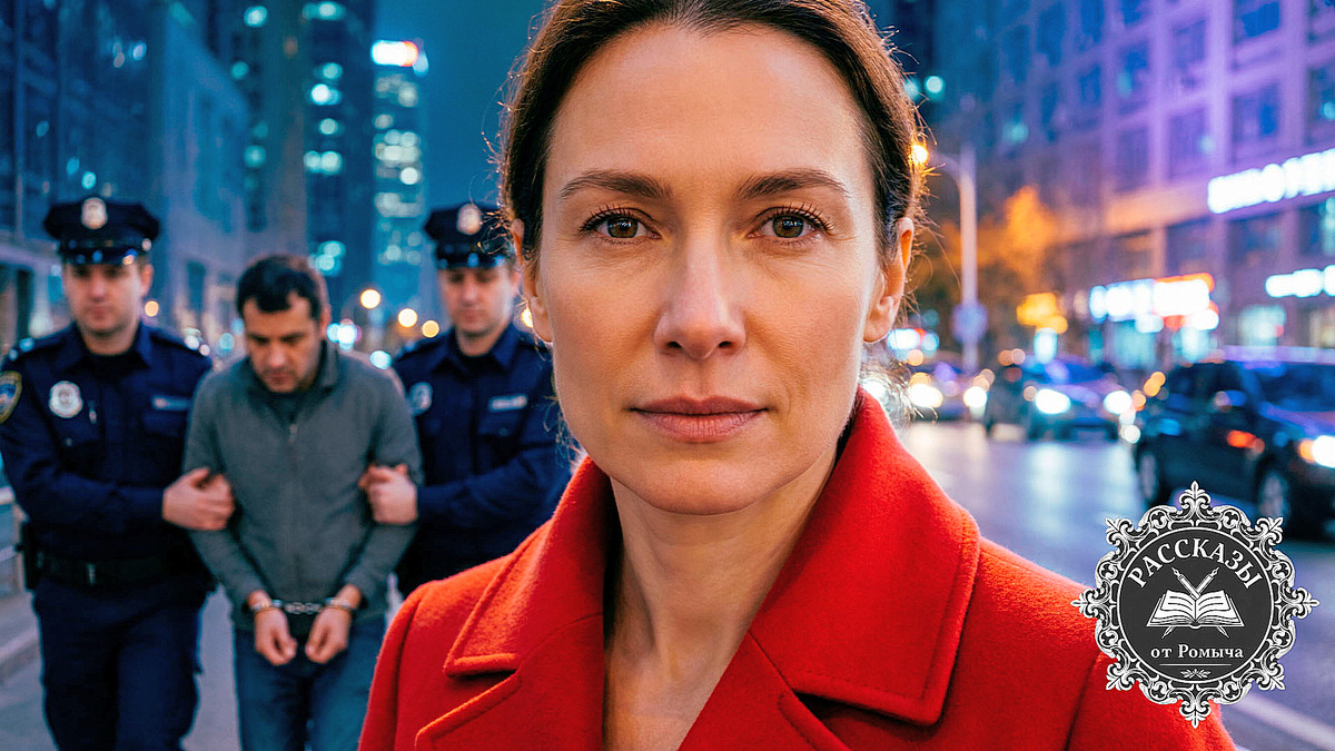 Женщина в ярко-красном пальто, стоит на фоне ночного города. Лицо выражает холодное спокойствие и торжество. На заднем плане, в тусклых тонах, двое мужчин в форме уводят мужчину в наручниках.