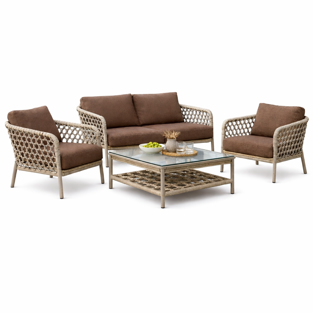 Комплект уличной мебели плетеный веревкой.