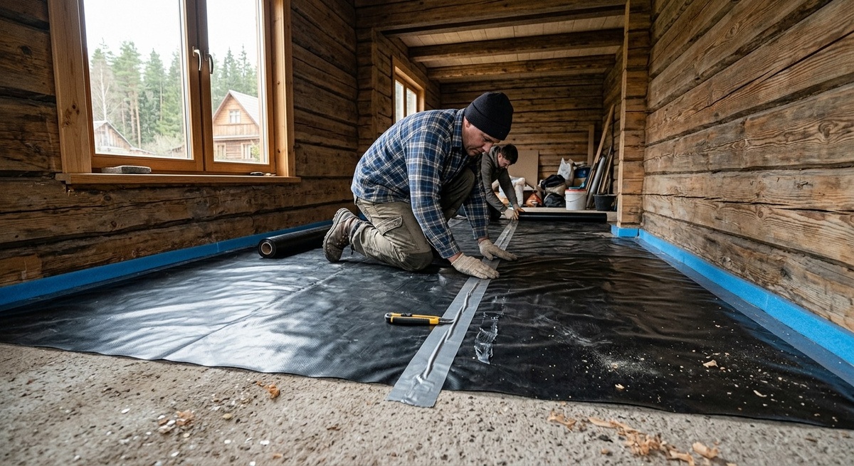 Гидроизоляция пола с использованием полиэтиленовой пленки и демпферной ленты на даче