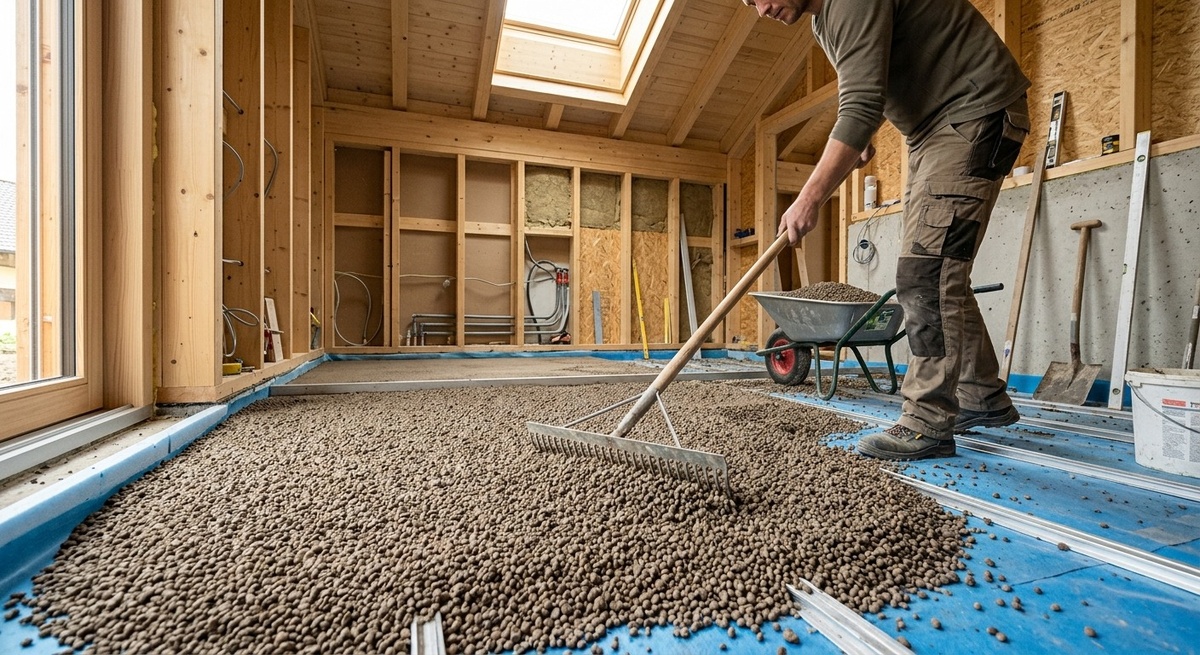 Засыпка пола специальной сухой смесью мелкой фракции для идеальной стяжки без воды