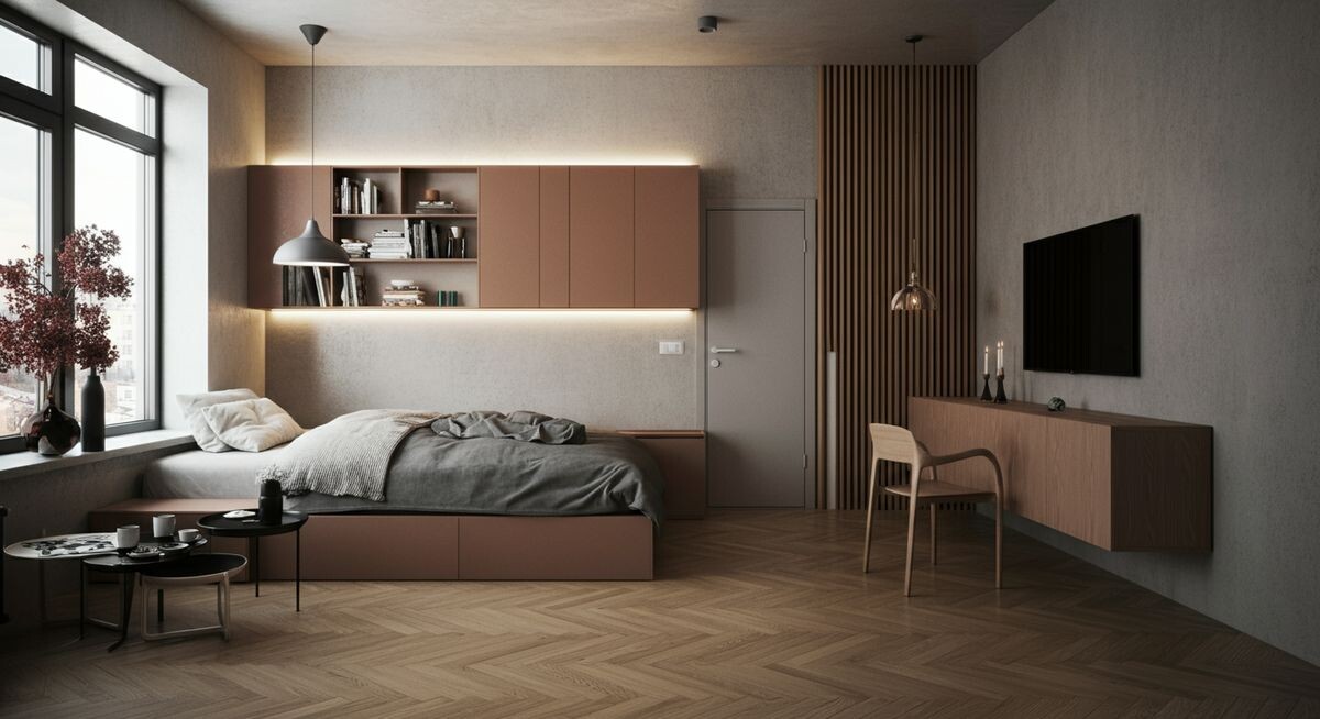 Стильная, современная студия 30 кв.м. в хрущевке, с открытой планировкой, наполненная естественным светом и функциональной мебелью.