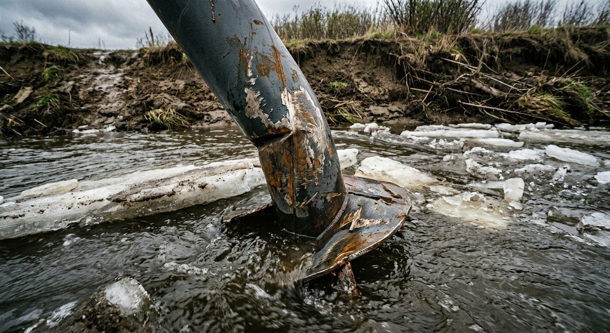Деформированная винтовая свая с поврежденным покрытием после удара льдом во время весеннего паводка.