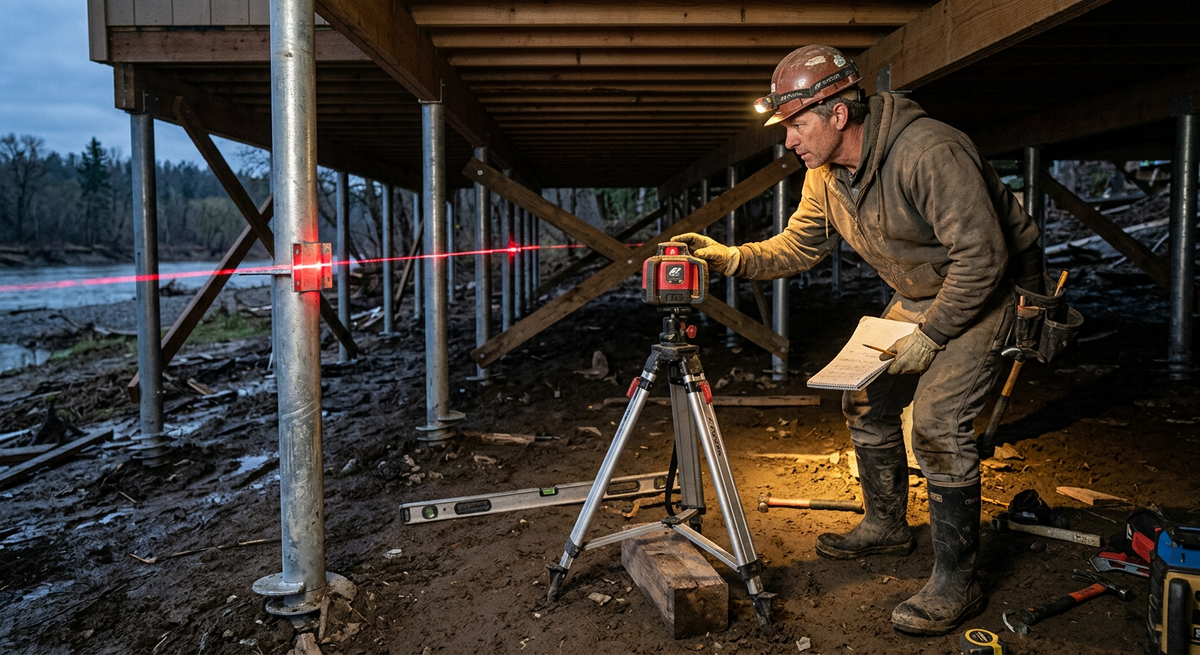 Человек проверяет горизонтальность свайного фундамента с помощью лазерного нивелира под баней вечером.