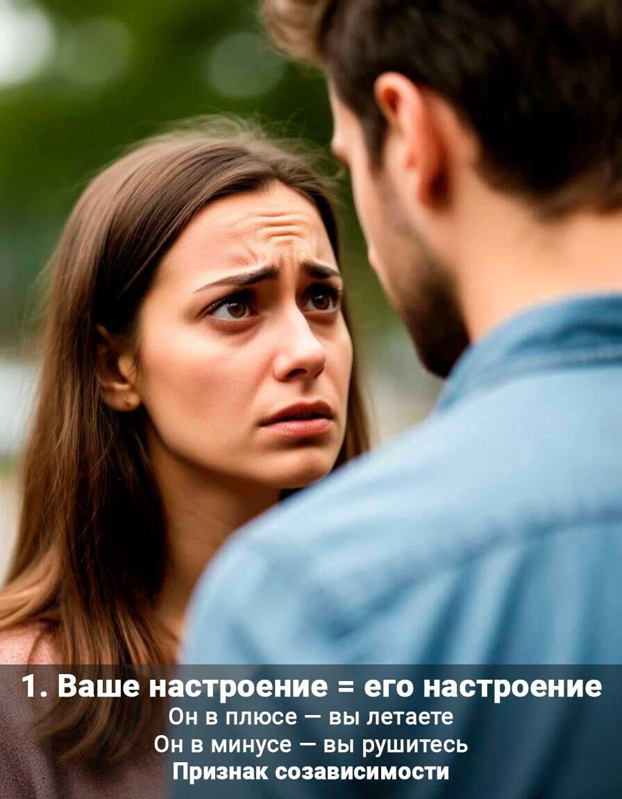 1. Ваше настроение = его настроение 
Он в плюсе — вы летаете
Он в минусе — вы рушитесь 
Признак созависимости