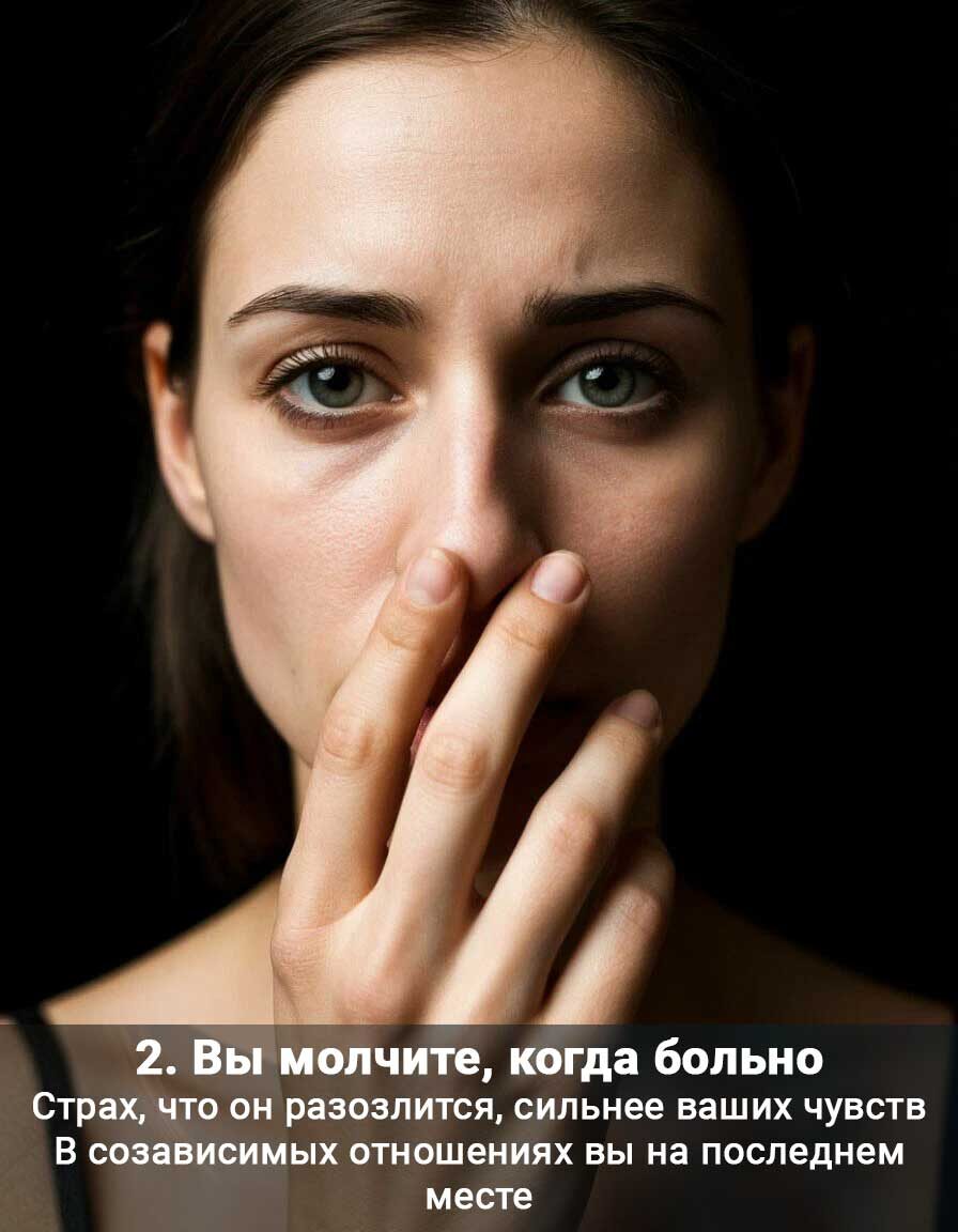 2. Вы молчите, когда больно
Страх, что он разозлится, сильнее ваших чувств.
В созависимых отношениях вы на последнем месте