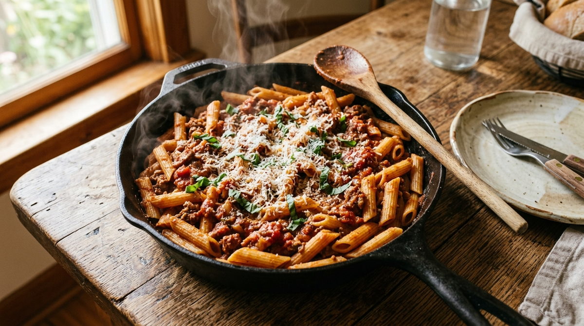 Быстрая паста в одной сковороде без отдельной варки макарон