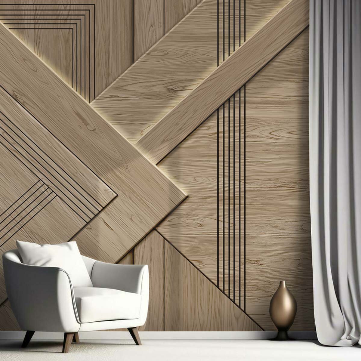 Пример стильного и элегантного решения в отделке стены. Материал - фотообои VEROL с имитацией дерева. 