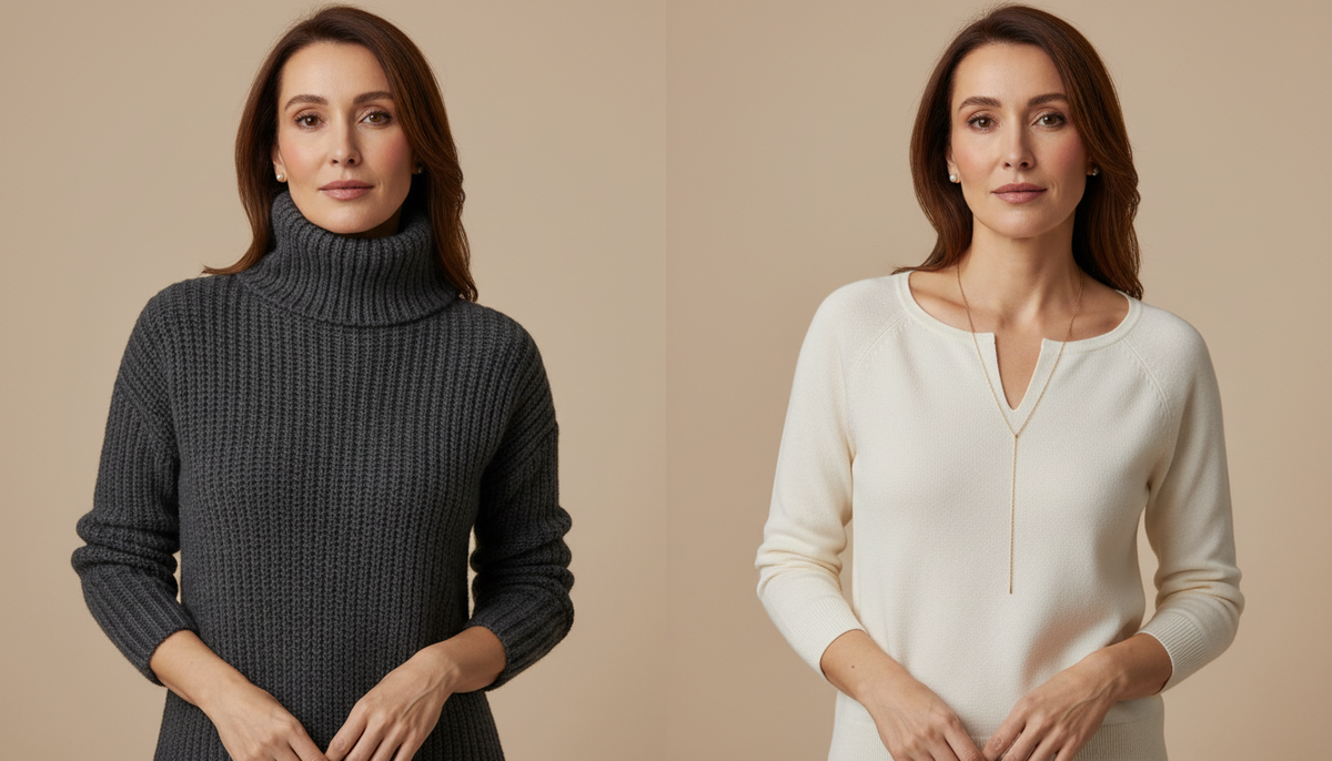 Сравнение: закрытая горловина укорачивает шею, а широкий вырез с лёгким V делает силуэт выше