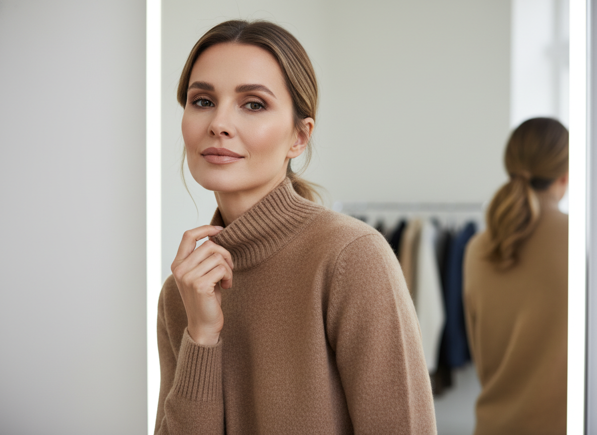 Женщина у зеркала в джемпере с высоким круглым вырезом: горловина визуально «съедает» шею