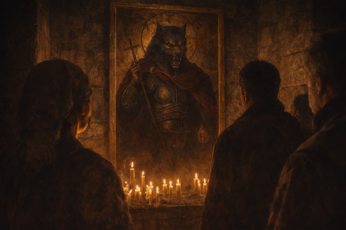 Древний полутёмный храм или каменная часовня. На стене — старая икона святого Христофора Псоглавца, перед ней горят свечи. Несколько людей смотрят на образ с тревогой и изумлением. Атмосфера тайны, запретной святыни и забытого христианского образа.