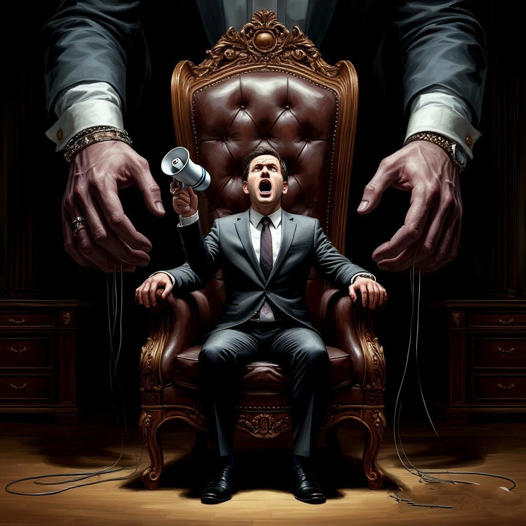  Маленькая фигурка  кричит в мегафон безмолвному гигантскому трону . Массивные руки в дорогих манжетах дёргают над ним невидимые ниточки.     