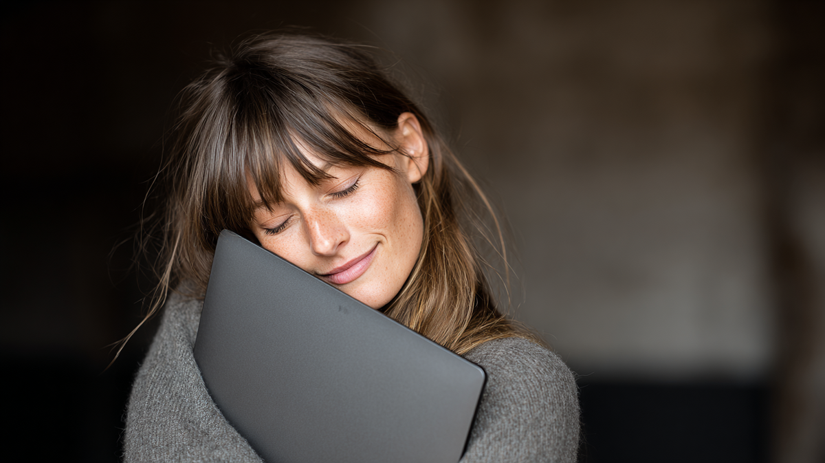 Девушка обнимает свой ноут