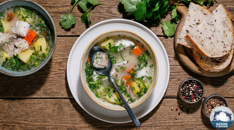 Классическая уха из речной/морской рыбы — прозрачный бульон с картошкой и зеленью