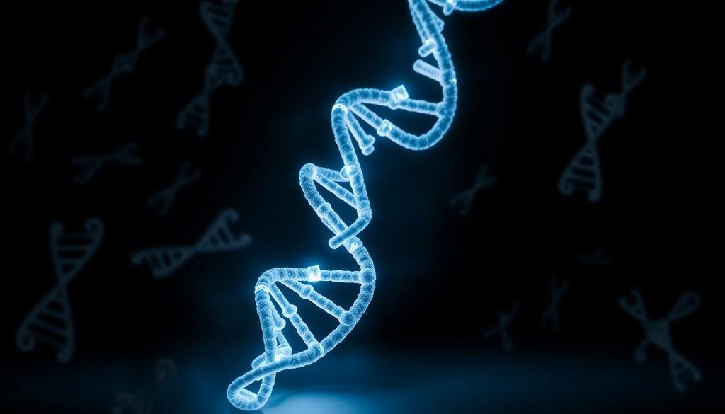    Иллюстрация двойной спирали ДНК на фоне, олицетворяющей сложность геномной информации.