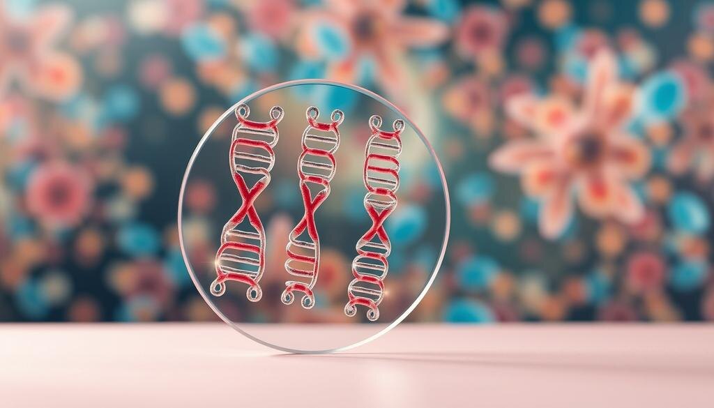    Схематичное изображение 23 пар хромосом в клетке на цветном фоне.