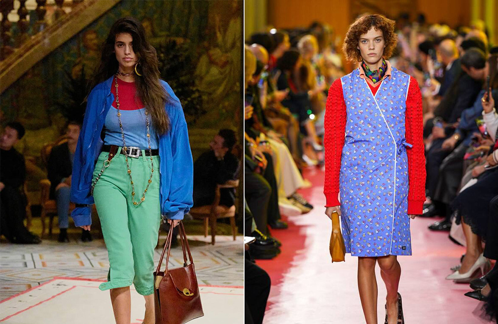    Смелые цветовые сочетания, колорблокинг, можно видеть во многих коллекциях весна-лето 2026.    
 Фото: Versace/Prada