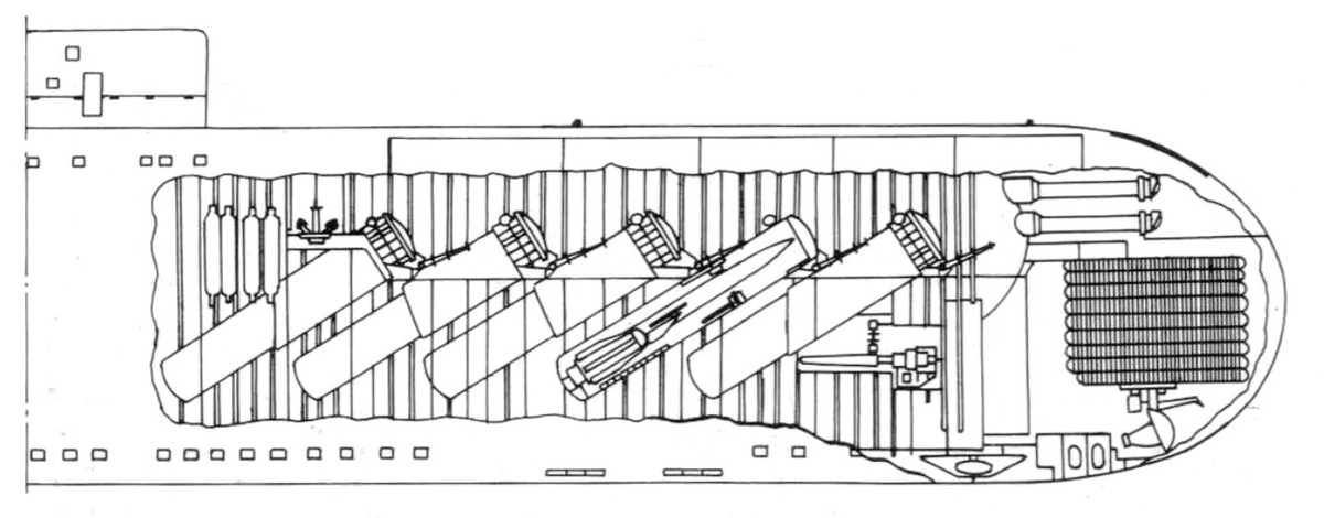 Схема размещения ракетного комплекса "Аметист" на АПЛ проекта 661