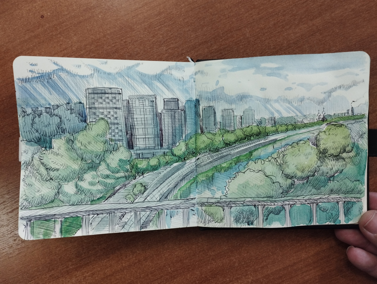 Вид с моста на город.Медовая акварель .черная шариковая ручка.