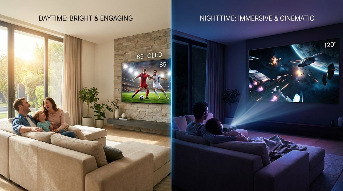 В одной комнате проектор превращается в домашний кинотеатр, в другой — в блеклое пятно на стене.