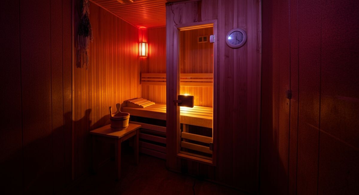 Маленькая, тёмная сауна в углу квартиры, с пластиковой вагонкой и неудачным освещением, не вписывающаяся в общий интерьер