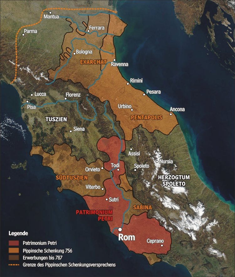 Что там за города даровал Пипин папам мы уже никогда не узнаем - а верить папам в этом вопросе нельзя, они сразу стали хотеть всю Италию. Приедположений множество но примерная граница того что действительно получили папы в первые годы самостоятельности - на картинке.
