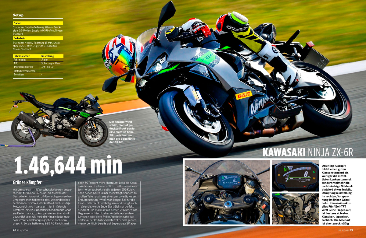 Боковой профиль ZX-6R определяется компактным ветровым стеклом, низкой передней частью и относительно низким сиденьем.
Кокпит Ninja соответствует высоким стандартам класса. Несколько узкое положение сиденья, а не руль средней высоты, является небольшим недостатком. Регулировка демпфирования находится на правом пере вилки, предварительная нагрузка — на левом. Нынешний пятидюймовый TFT-дисплей Kawasaki прост и отлично читается. Классический, японский и функциональный: дизайн определенно утилитарный.