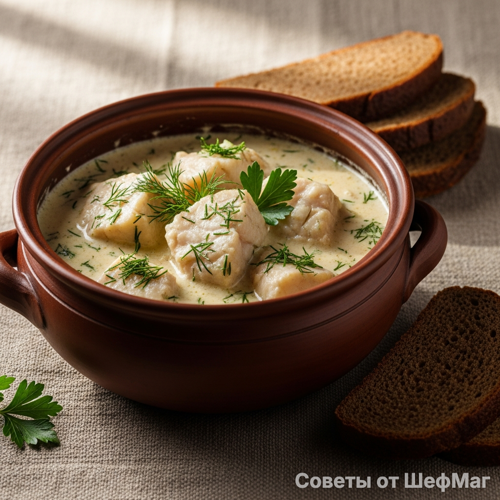 Традиционная помокуха в глиняной чаше с ломтем ржаного хлеба.