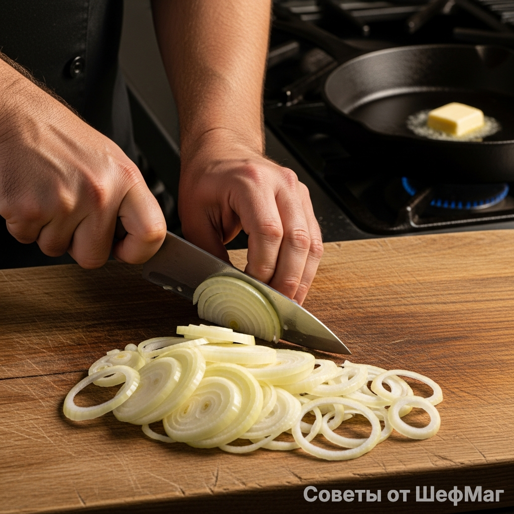 Лук должен стать сладким и мягким, напитываясь маслом.