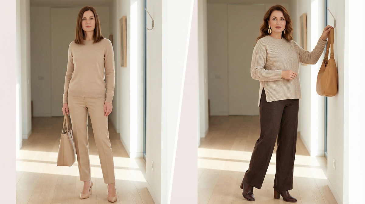 ❌ Слева - бежевый монохром без акцентов: аккуратно, но взгляд скользит мимо. ✅ Справа - тот же бежевый, но с игрой фактур и скульптурными серьгами: вот это уже тихая роскошь