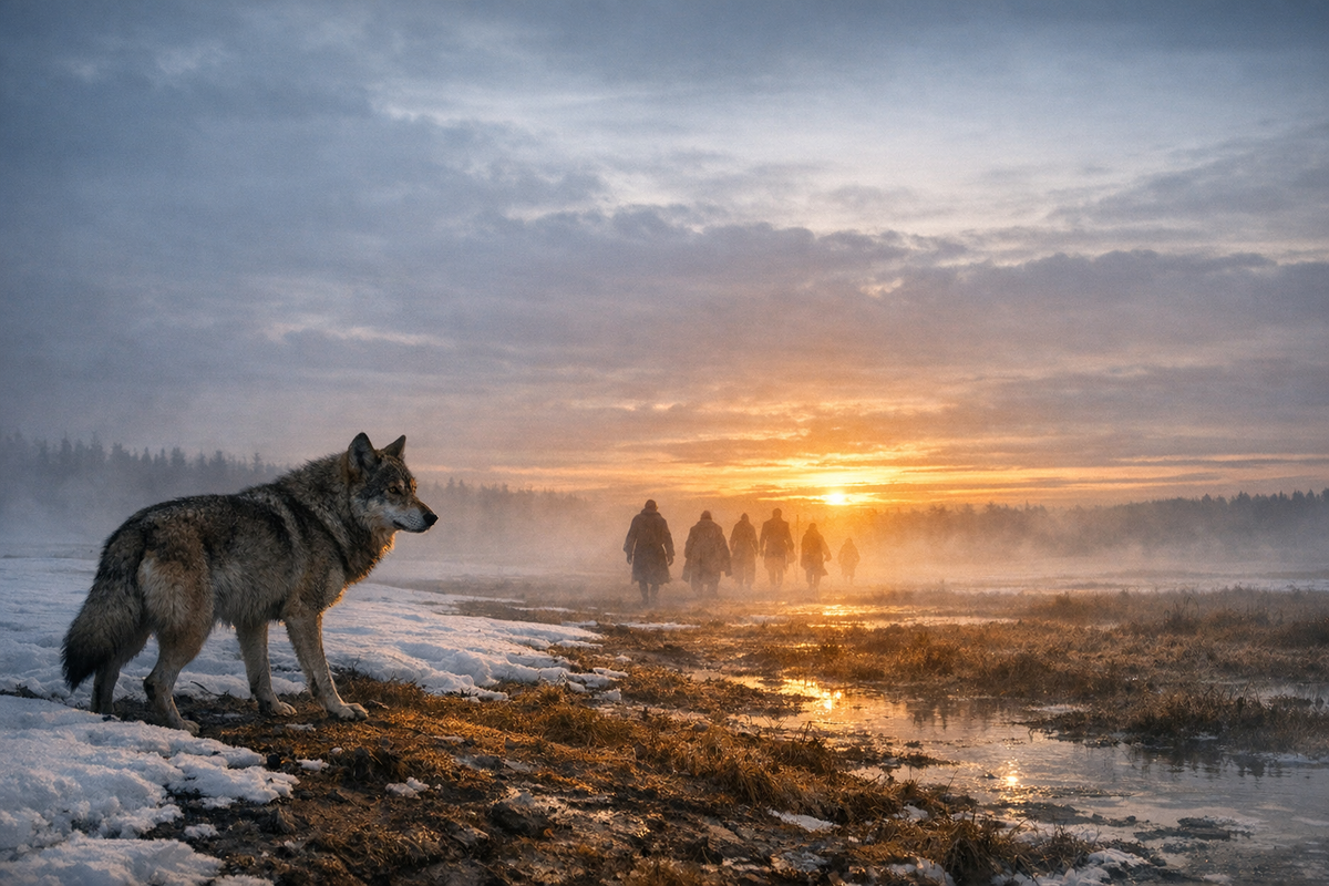 Рассвет 21 марта над широкой северной равниной. На переднем плане — одинокий волк на границе снега и талой земли, в напряженной, собранной позе. Вдали в тумане проступают силуэты нескольких людей, идущих навстречу свету как будущая община. Холодное небо, золотистый просвет на горизонте, атмосфера рубежа, пробуждения и скрытой силы.