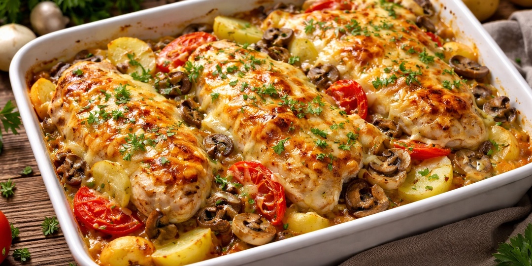 Сочная курица с картошкой и грибами в духовке - простой ужин без хлопот