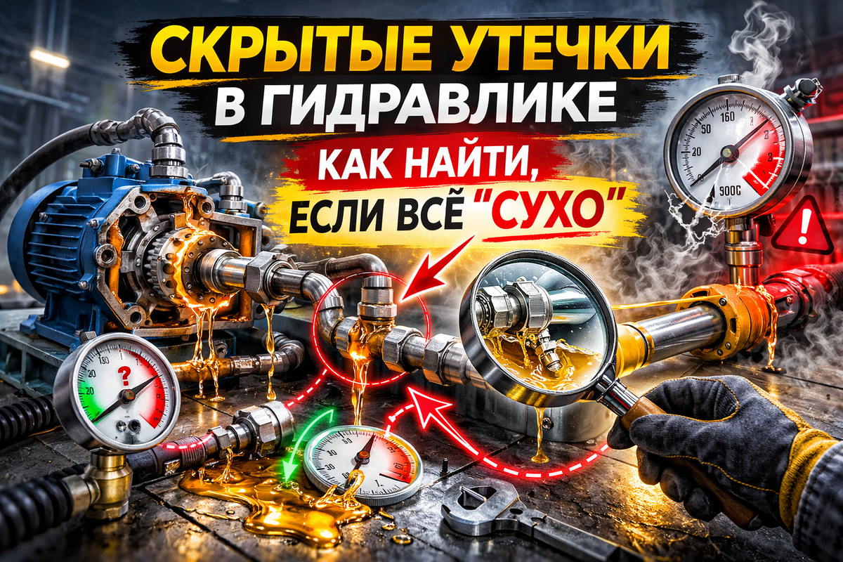 Как найти скрытые утечки в гидравлике, если система выглядит полностью сухой? В статье подробно разобраны причины внутренних утечек: износ гидронасоса, гидроцилиндров, клапанов и ошибки настройки. Вы узнаете, как выявить проблему с помощью проверки давления, тепловизионной диагностики и поэтапной изоляции узлов, а также какие признаки указывают на потерю эффективности системы. Практическое руководство для специалистов по диагностике, ремонту и обслуживанию гидравлических систем, позволяющее снизить потери энергии, избежать перегрева и продлить срок службы оборудования.