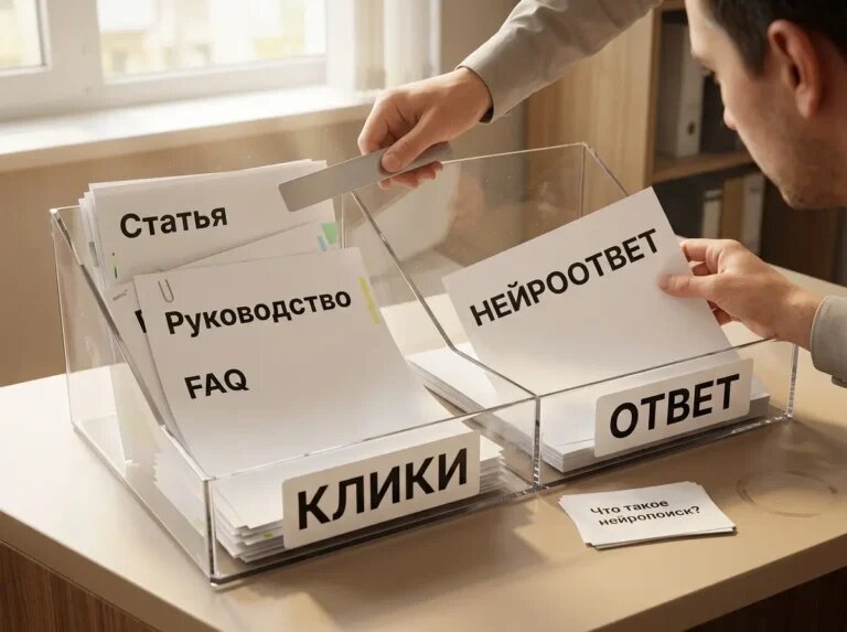    Нейроблок Яндекса забирает часть кликов: в «КЛИКИ» много страниц, в «ОТВЕТ» — один «нейроответ». "Kontenium"