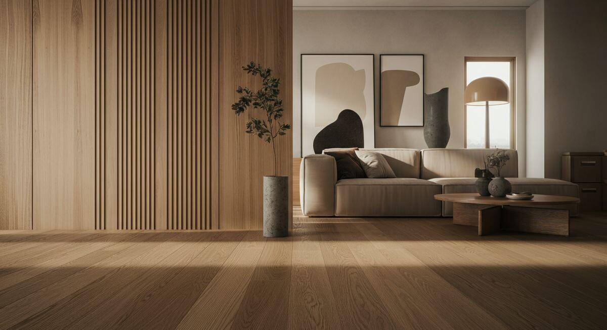 Интерьер современной квартиры с бежевыми и древесными тонами, уютное освещение