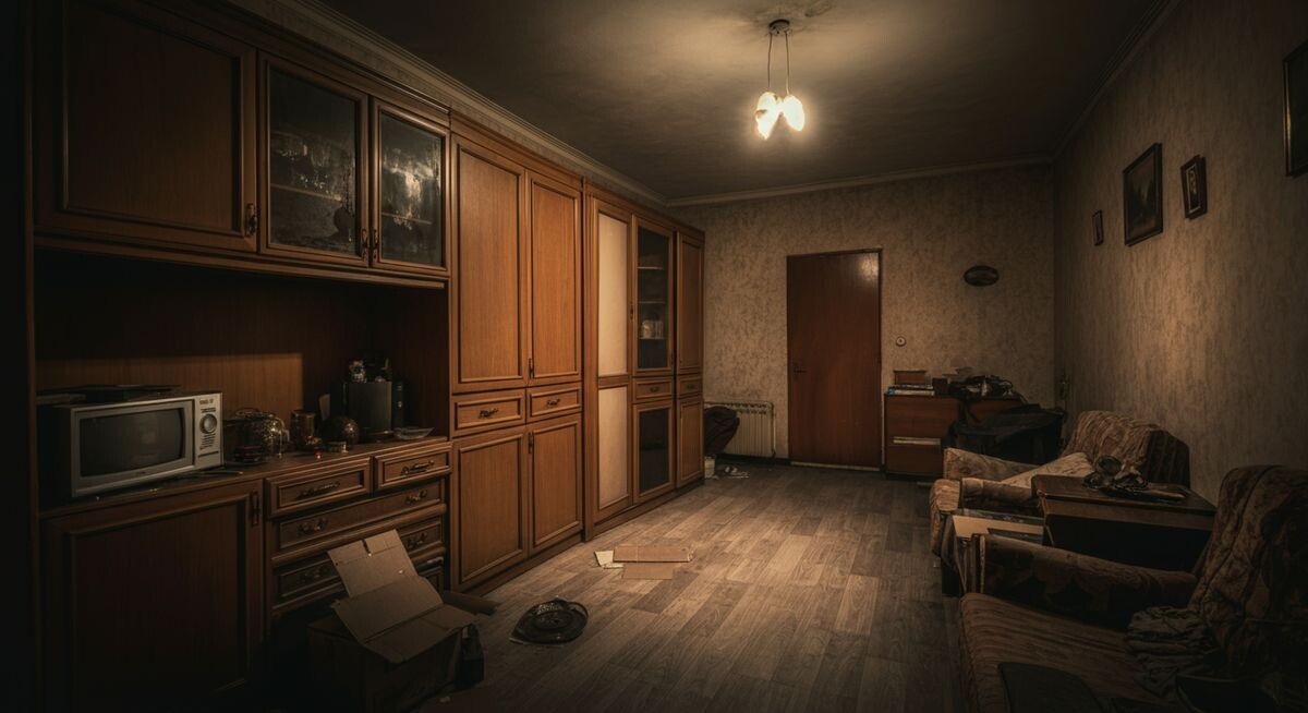 Громоздкая стенка-горка и встроенный шкаф до потолка, занимающие всю стену в гостиной